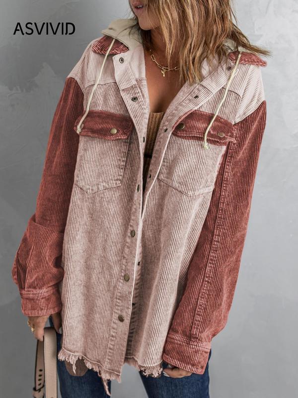 Women's Colorblock Button Front Corduroy Jacket, Casual Drop Shoulder Long Sleeve Outerwear for Fall, Winter Clothes Women,  Ladies Clothes for Daily Wear Downtown Girl Clothes